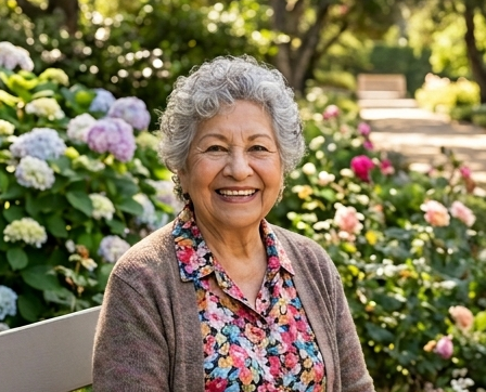 María Elena sonriendo en un parque